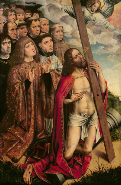 Kristus välittäjä ja Filippos Komea (1478-1506) ja hänen seurueensa, vasemmanpuoleinen taulu alttaritaulusta (ks. myös 223221). tekijältä Colijn de Coter