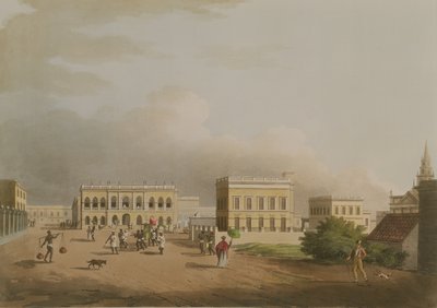 Vanha oikeustalo, Kalkutta, levy 17 Twenty Four Viewsista Hindostanissa, kaiverrus Harradon, pubi. kirjoittanut Edward Orme (1774-n. 1820) 1805 (akvatinta) tekijältä Colonel Francis Swain Ward