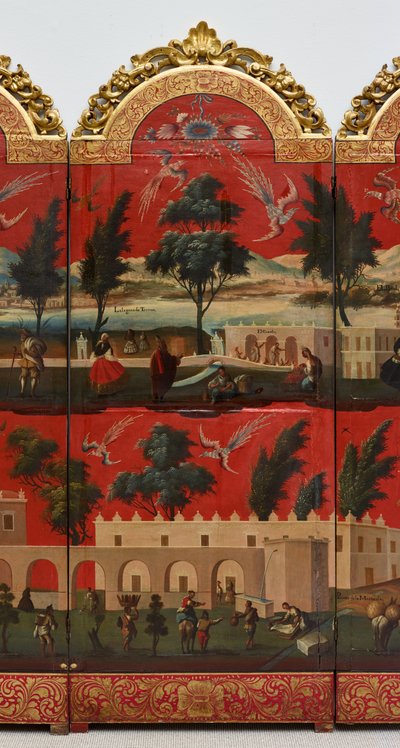 Biombo with Views of Mexico City (öljy punaisella maki-e-lakalla paneelille, kullattu puinen kiinnitys ja pellavainen tausta). tekijältä Colonial Spanish