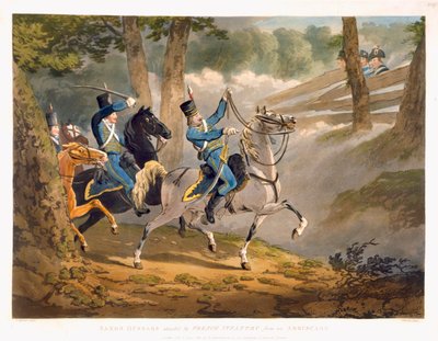 Ranskan jalkaväen kimppuun Saxon Hussarit hyökkäsivät Ambuscadesta, Military Evolutions -pubista. Ackermann, Lontoo, 1799-1802 tekijältä Conrad Gessner