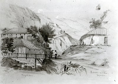 Bergerin talo, Valparaiso, 1834 (kynä ja wc paperilla) (bw kuva) tekijältä Conrad Martens