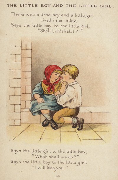Lastenlaulu: Pikkupoika ja pikkutyttö (chromolitho) tekijältä Constance Haslewood