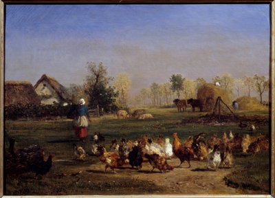 La provende des hens La basse cour (Basse-cour). Constant Troyonin (1810-1865) maalaus 1800-luvun aurinko. 0,51x0,7 m - Kanojen syntyperä. Maatilapiha. Constant Troyonin maalaus (1810-1865) tekijältä Constant Emile Troyon
