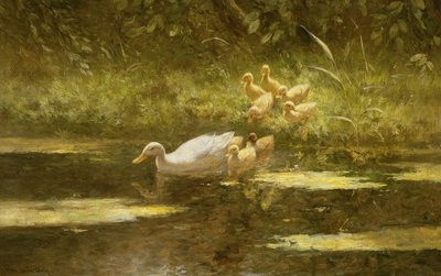 Ankka ankanpoikien kanssa joenrannalla (öljy kankaalle) tekijältä Constant Artz