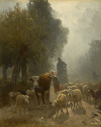 Meneminen markkinoille sumuisena aamuna, 1851 tekijältä Constant Emile Troyon