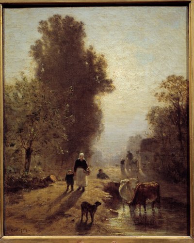 Aamulla talonpoikaisperheet ja betail aamunkoiton sumussa. Constant Troyonin (1810-1865) maalaus 1800-luvun aurinko. 0,41x0,32 m tekijältä Constant Emile Troyon