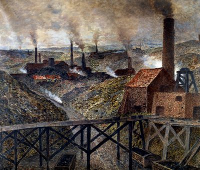 Mustan maan teollisuusmaisemassa tehtaita ja savupiipuja. Constantin Meunier (1831-1905) maalaus tekijältä Constantin Emile Meunier