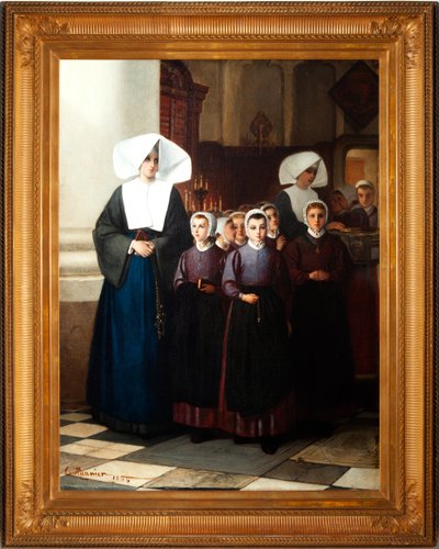 Maalaus. Signeerattu ja päivätty: Constant Meunier 1864. Orvot. Öljy kankaalle. Yksityiskohta. tekijältä Constantin Emile Meunier