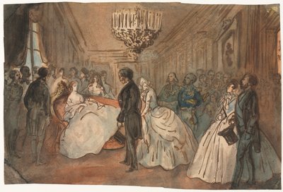 Keisarinna Eugenie vastaanottaa diplomaattijoukon keisarillisen prinssin syntymän jälkeen, 1800-luku. tekijältä Constantin Guys