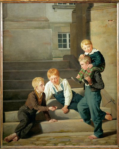 Pojat pelaavat noppaa Christiansborgin palatsin edessä Kööpenhaminassa (maalaus kankaalle). tekijältä Constantin Hansen