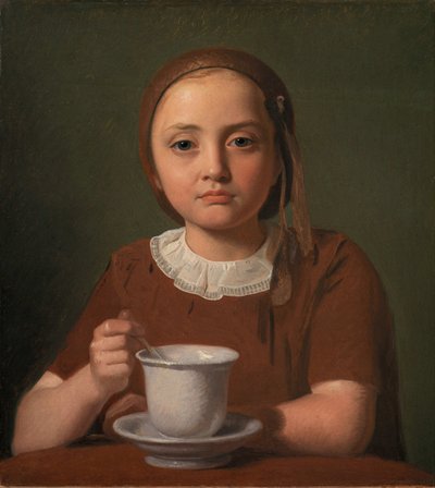 Pikkutyttö, Elise Købke, kuppi edessään, 1850. tekijältä Constantin Hansen