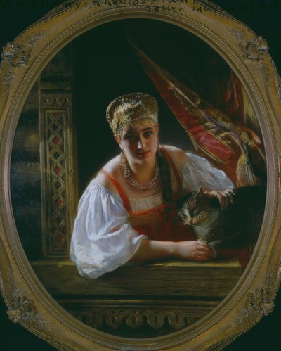 Venäläinen kaunotar kissan kanssa tekijältä Constantine Egorovitch Makovsky