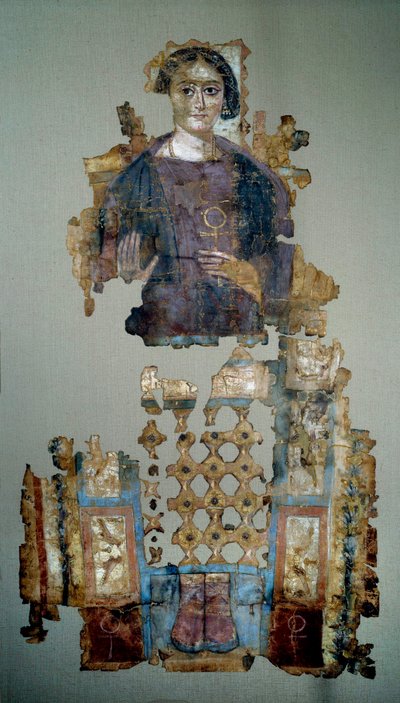 Koptilainen taide: katkelma maalatusta pellavaliinasta, joka kuvaa nuorta naista, jota kutsuttiin rouvaksi. Antinoupolisista. 4. vuosisadalla jKr. Pariisi, Louvre-museo tekijältä Coptic Coptic