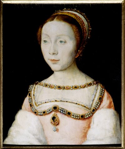 Muotokuva Francoise de Longwystä, amiraali Philippe Chabotin vaimosta, leski vuonna 1543, meni uudelleen naimisiin vuonna 1545 Ecarsin herran Jacques de Perusen kanssa. Corneille De Lyonin (Corneille de The Hague) maalaus (1500/1510-1574). Öljy puulle. Mit tekijältä Corneille de la  Haye