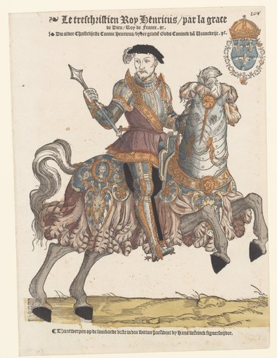 Muotokuva Henry II:sta Ranskan panssariin hevosen selässä, oikealla tekijältä Cornelis Anthonisz. (manner of)