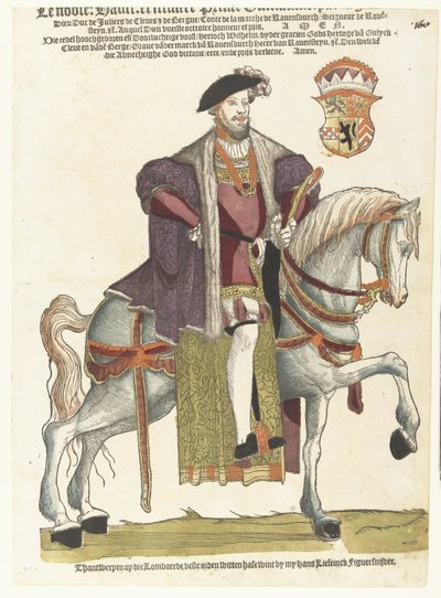 Herttua Willem van Clevesin, Jülichin ja Bergin muotokuva, Markuksen kreivi, Ravensteinin herra hevosen selässä tekijältä Cornelis Anthonisz. (manner of)