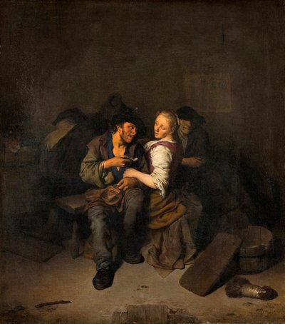 ""Nuori pari tavernassa"" (Nuori pari tavernassa) Cornelis Pietersz Began (1631/2-1664) maalaus - 1661 - Öljy kankaalle Koko 39x34,5 cm Hallwylska Museet, Tukholma tekijältä Cornelis Pietersz Bega