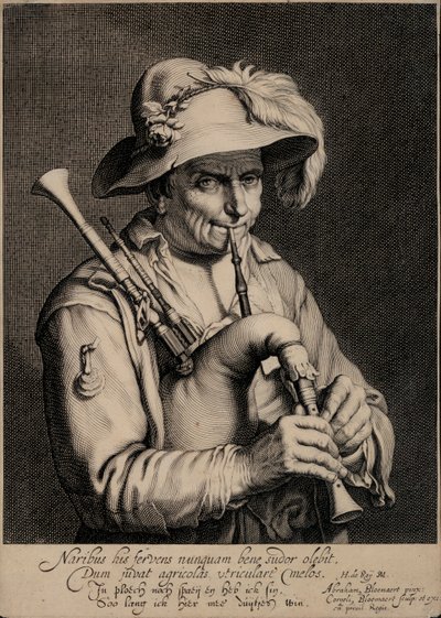 Mies soittaa säkkipilliä (kaiverrus) tekijältä Cornelis Bloemaert