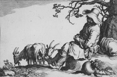Pastoraali vuohipaimenen ja vuohien kanssa sarjasta Sixteen Farmasant Subjects, 1600-luku. tekijältä Cornelis Bloemaert