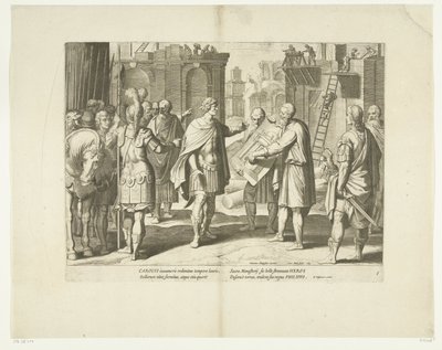 Karel V laat een klooster bouwen, 1555, nr. 8 Scenes uit het leven van Karel V (sarjan nimi) Keisari Kaarle V:n elämä erittäin kauniissa kaiverruksissa, jotka on kaiverrettu kuuluisan A. Tempesten kuvioihin, kahden taitavimman mestarin J. de Geinin ja tekijältä Cornelis Boel