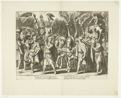 Triomfwagen van Karel V en Ferdinand, na de bevrijding van Wenen van de Turken, ca. 1532, nro 7 Scenes uit het leven van Karel V (sarjan nimi) Keisari Kaarle V:n elämä erittäin kauniissa kaiverruksissa, jotka on kaiverrettu kuuluisan A. Tempestin kuvioihin tekijältä Cornelis Boel
