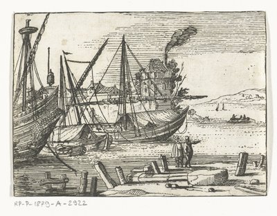 Vista del port amb dos vaixells de vela i un galió, dos homes dempeus al moll Paisatges i marines (títol de la sèrie) acabat tekijältä Cornelis Bol (attributed to)
