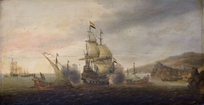 Meritaistelu hollantilaisten sotamiesten ja espanjalaisten Galeysien välillä tekijältä Cornelis Bol