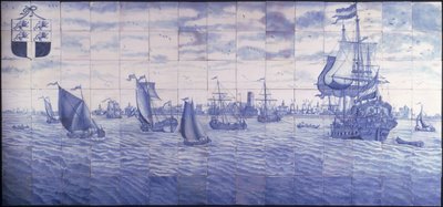 Panoraamanäkymä Rotterdamin satamaan, n. 1700 (keraaminen) tekijältä Cornelis Boumeester