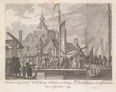 Haavoittuneen prinssi Willem George Frederikin saapuminen Rotterdamiin, 1793 Z.D.H.:n saapuminen Willem George Fredrik van Oranje, Rotterdamissa haavojensa jälkeen, 15. syyskuuta 1793 (otsikko esineessä) tekijältä Cornelis Brouwer