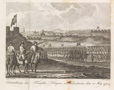 Ranskan joukot lähtevät Landrecysta, 1794 Ranskalaisen troupenin otos Landrecies denistä 11. toukokuuta 1794 (esineen nimi) tekijältä Cornelis Brouwer
