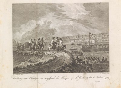 Ranskalaiset ampuivat pakenevat joukot Gierbrugilla, 1794 Nymegenin hylkääminen ja Korppikotkasillan ryhmien katastrofi, 16. lokakuuta 1794 (otsikko esineessä) tekijältä Cornelis Brouwer
