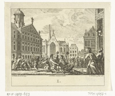 Kapina Daniël Raapin hautajaisissa Amsterdamin Dam-aukiolla vuonna 1754 tekijältä Cornelis Brouwer
