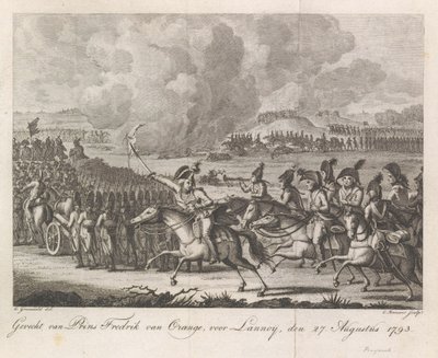 Prinssi William George Frederik Lannoyn taistelussa 1793 Prinssi Frederick of Orangen taistelu ennen Lannoya, 27. elokuuta 1793 (otsikko esineessä) tekijältä Cornelis Brouwer