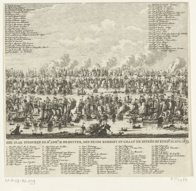 Kijkduinin taistelu, 1673 Merivoimien taistelu Hr. järjestelmänvalvoja M. de Ruiter, Prinssi Robbert ja Kreivi de Estrée, Kykdn. 21. elokuuta 1673 (otsikko esineessä) tekijältä Cornelis Brouwer