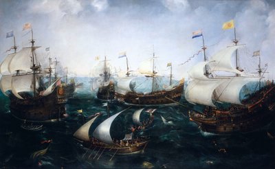 Heemskerkin tappio espanjalaisia vastaan Gibraltarilla 25. huhtikuuta 1607, noin 1619 (öljy kankaalle). tekijältä Cornelis Claesz  van Wieringen