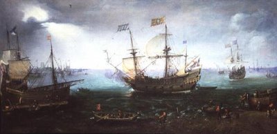 Kolme mestaria ampui tervehdyksen Maasille Dordrechtissa tekijältä Cornelis Claesz  van Wieringen