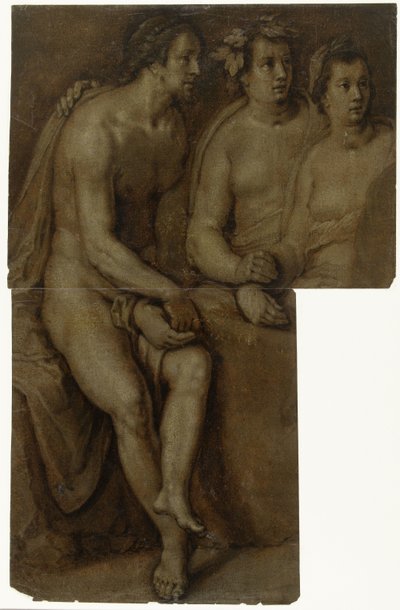 Puolipitkät tutkimukset istuvasta alaston miehestä ja kahdesta naisesta tekijältä Cornelis Cornelisz. van Haarlem