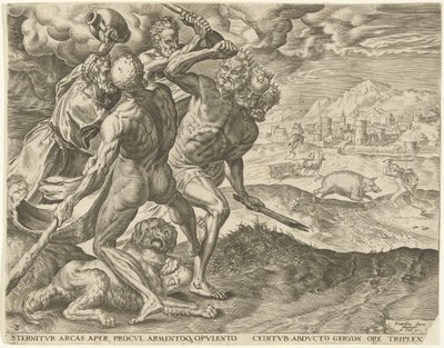 Hercules tappaa Geryonin ja hänen koiransa Labors of Hercules (sarjan nimi) tekijältä Cornelis Cort