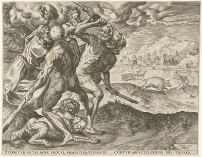 Hercules tappaa Geryonin ja hänen koiransa Labors of Hercules (sarjan nimi) tekijältä Cornelis Cort
