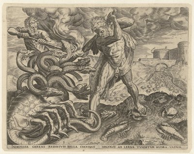 Hercules valloittaa Lernan hydran Labors of Hercules (sarjan nimi) tekijältä Cornelis Cort