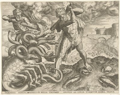 Hercules valloittaa Lernan hydran Labors of Hercules (sarjan nimi) tekijältä Cornelis Cort
