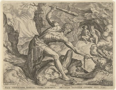 Hercules vetää Cerberuksen ulos helvetistä Labors of Hercules (sarjan nimi) tekijältä Cornelis Cort