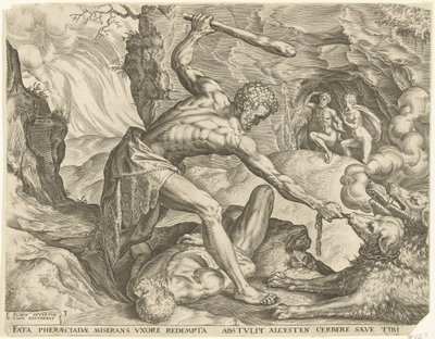 Hercules vetää Cerberuksen ulos helvetistä Labors of Hercules (sarjan nimi) tekijältä Cornelis Cort