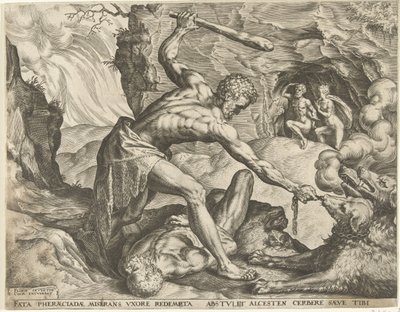Hercules vetää Cerberuksen ulos helvetistä Labors of Hercules (sarjan nimi) tekijältä Cornelis Cort