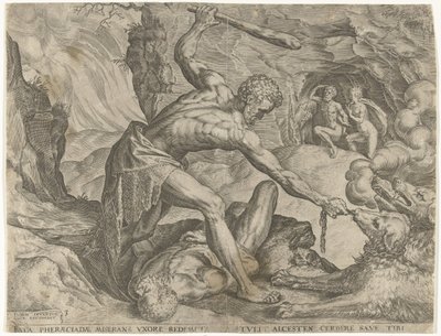 Hercules vetää Cerberuksen ulos helvetistä Labors of Hercules (sarjan nimi) tekijältä Cornelis Cort
