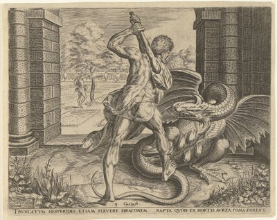 Hercules varastaa Hesperidien kultaiset omenat Labors of Hercules (sarjan nimi) tekijältä Cornelis Cort