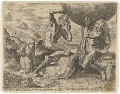 Hercules kantaa maapalloa Atlakseen Labors of Hercules (sarjan nimi) tekijältä Cornelis Cort