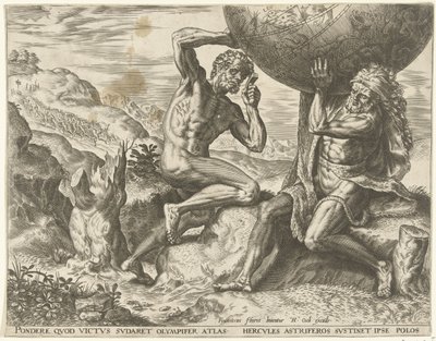 Hercules kantaa maapalloa Atlakseen Labors of Hercules (sarjan nimi) tekijältä Cornelis Cort