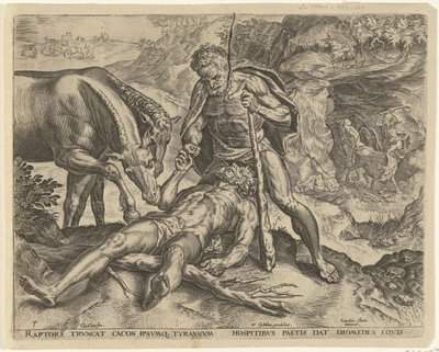 Hercules ruokkii Diomedesta hevosilleen Labors of Hercules (sarjan nimi) tekijältä Cornelis Cort