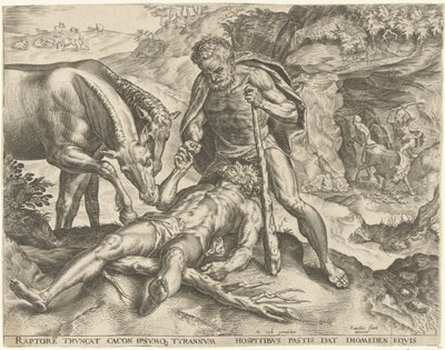 Hercules ruokkii Diomedesta hevosilleen Labors of Hercules (sarjan nimi) tekijältä Cornelis Cort
